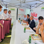 Koło Gospodyń Wiejskich Mierzeń podczas prezentacji konkursowej z potrawą „Zupa koperkowa zabielana z pulpecikami”