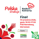 Grafika z logotypem konkursu kulinarnego Polska smakuje przedstawiającego czapkę kucharza. Napis na białym tle. Finał 19 września godz. 10.00 - 17.00 PGE Narodowy Warszawa